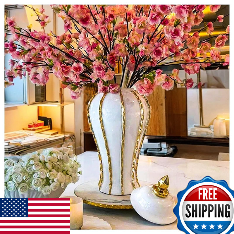 Ginger Jar, White Gold Ceramic Vase Large Handmade Porcelain Vases with Lid, White Gold Decorative Flower Vase for Home, Living Room, Weddings, Centerpieces (18in with Lid)